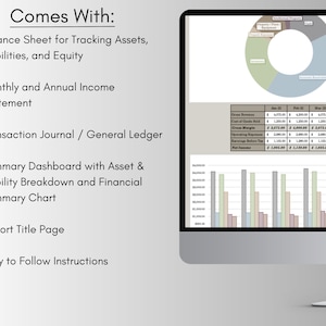 May include: A computer screen shows financial data, including a balance sheet, income statement, and transaction journal. The screen displays charts and tables with financial information. The text "Comes With:" is at the top, followed by a list of included items.