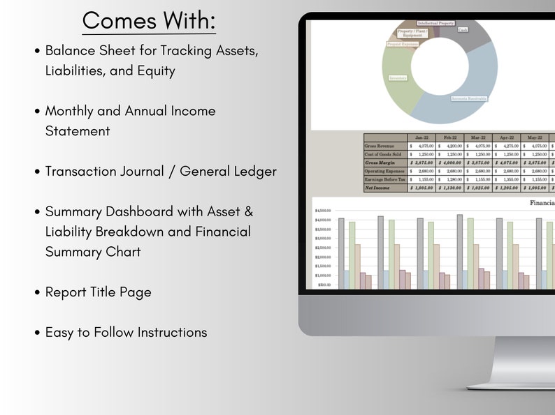 May include: A computer screen shows financial data, including a balance sheet, income statement, and transaction journal. The screen displays charts and tables with financial information. The text "Comes With:" is at the top, followed by a list of included items.