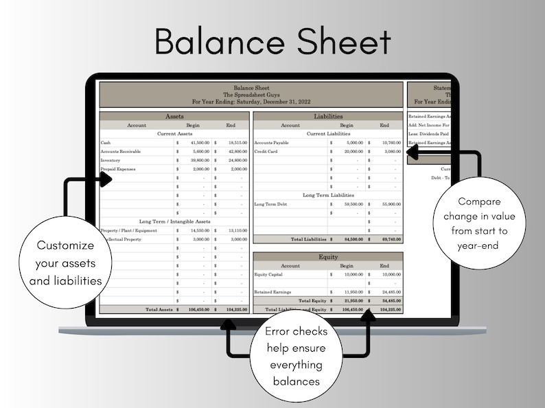 May include: A digital balance sheet on a laptop screen, showing assets, liabilities, and equity. The spreadsheet allows customisation of assets and liabilities. Text on the screen reads "Balance Sheet" and "The Spreadsheet Guys."