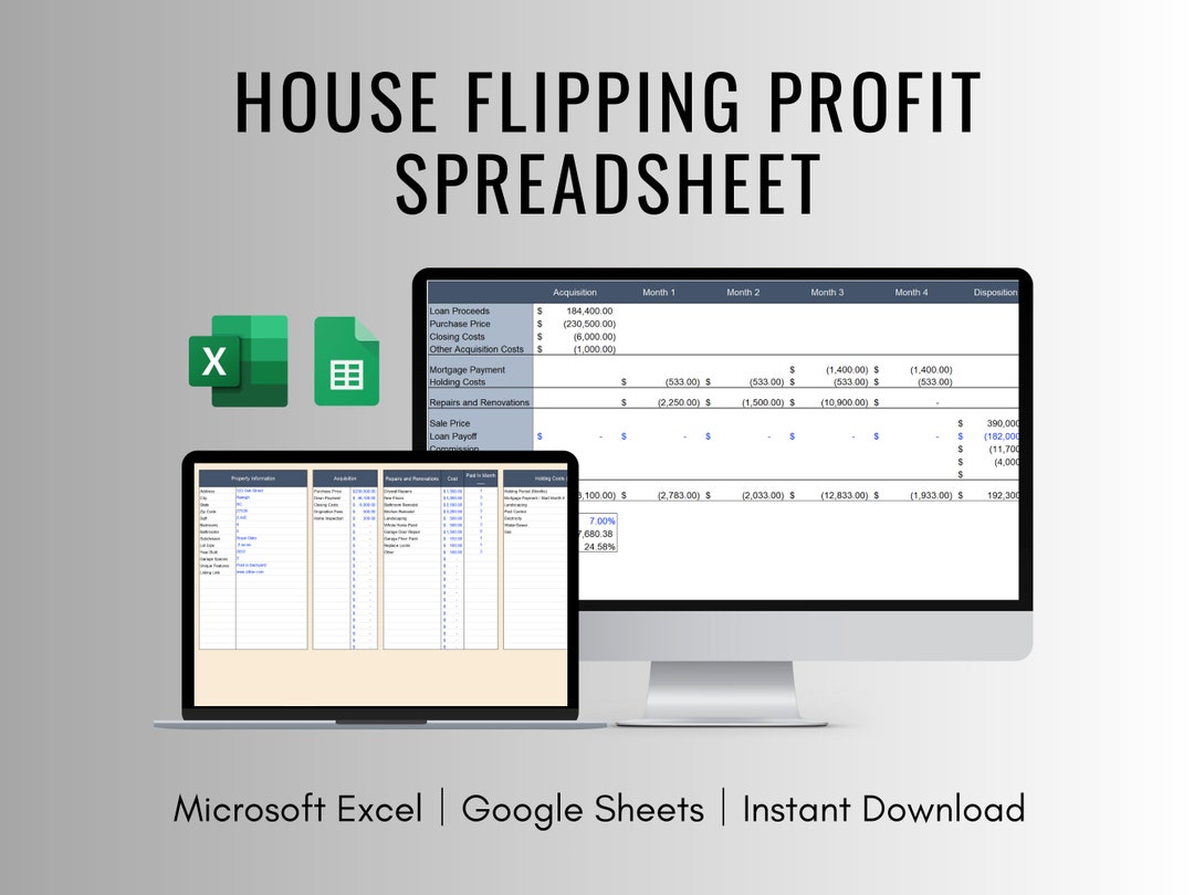 House Flipping Profit and Cost Analysis Spreadsheet for Excel Etsy