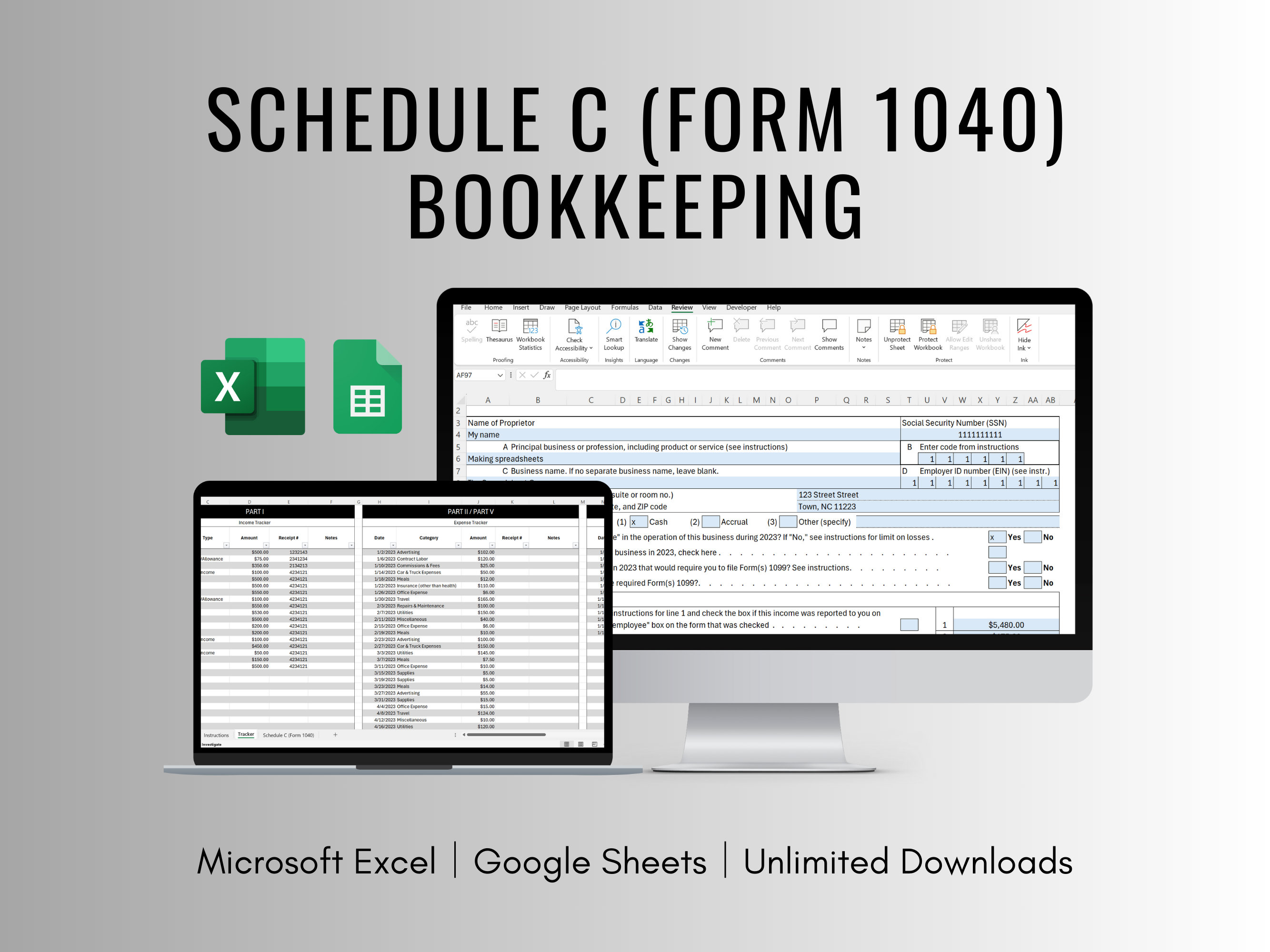 Schedule C Form 1040 Bookkeeping Spreadsheet for Excel and Google Sheets , Accounting Spreadsheet for Self Employment , Form 1040 Accounting