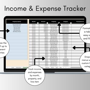 May include: A laptop screen displaying a spreadsheet with the title "Income & Expense Tracker". The spreadsheet is formatted as a table with columns for property names, month, amount, property, category, and transaction ID. The spreadsheet is designed to track income and expenses by month, property, and line item. The spreadsheet has a dropdown menu for custom line item categories.