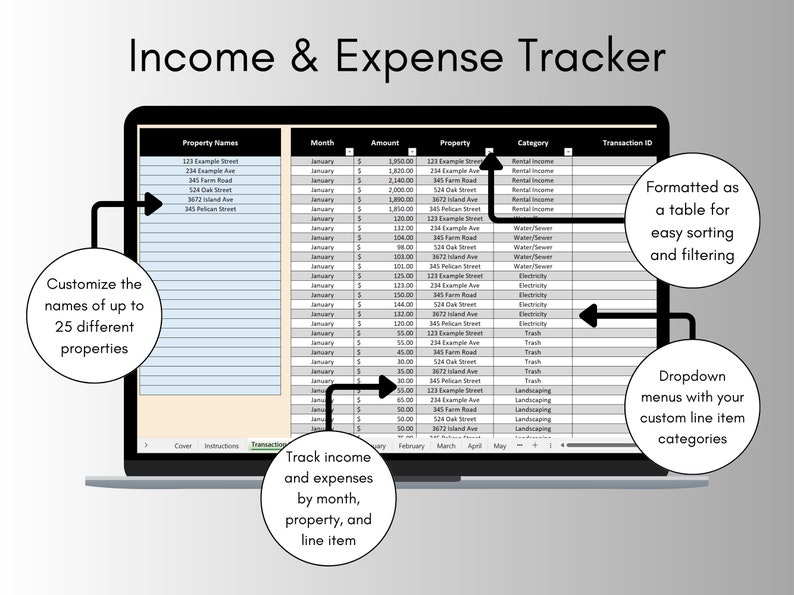 May include: A laptop screen displaying a spreadsheet with the title "Income & Expense Tracker". The spreadsheet is formatted as a table with columns for property names, month, amount, property, category, and transaction ID. The spreadsheet is designed to track income and expenses by month, property, and line item. The spreadsheet has a dropdown menu for custom line item categories.