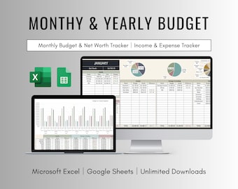 Kompletny miesięczny i roczny planer budżetu dla programów Excel i Arkusze Google, osobisty bilans, miesięczny rejestr dochodów i wydatków w programie Excel