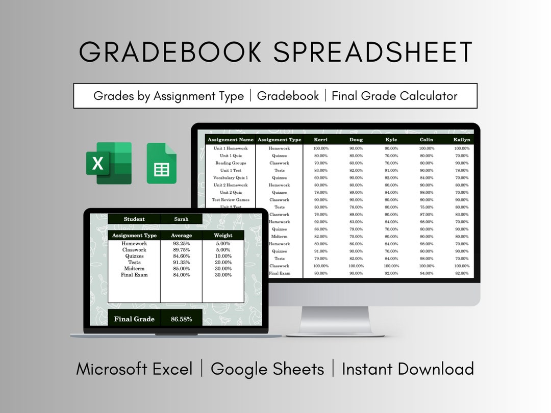 Gradebook Spreadsheet Template for Excel and Google Sheets - Etsy