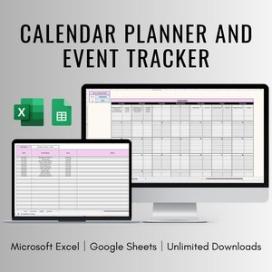 Op de afbeelding: Een digitale kalenderplanner- en eventtracker-sjabloon in Microsoft Excel- en Google Sheets-formaat. De afbeelding toont een laptop en een desktopcomputer waarop de sjabloon wordt weergegeven. De sjabloon heeft een roze en witte kleurschema.