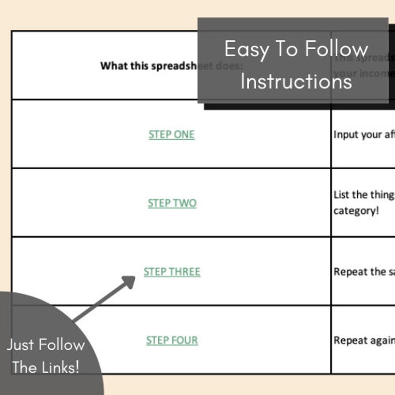 May include: A visual guide with four steps to follow, titled "Easy To Follow Instructions". The steps are: Input your after-tax income, List the thing category, Repeat the same for each category, and Repeat again for each category.