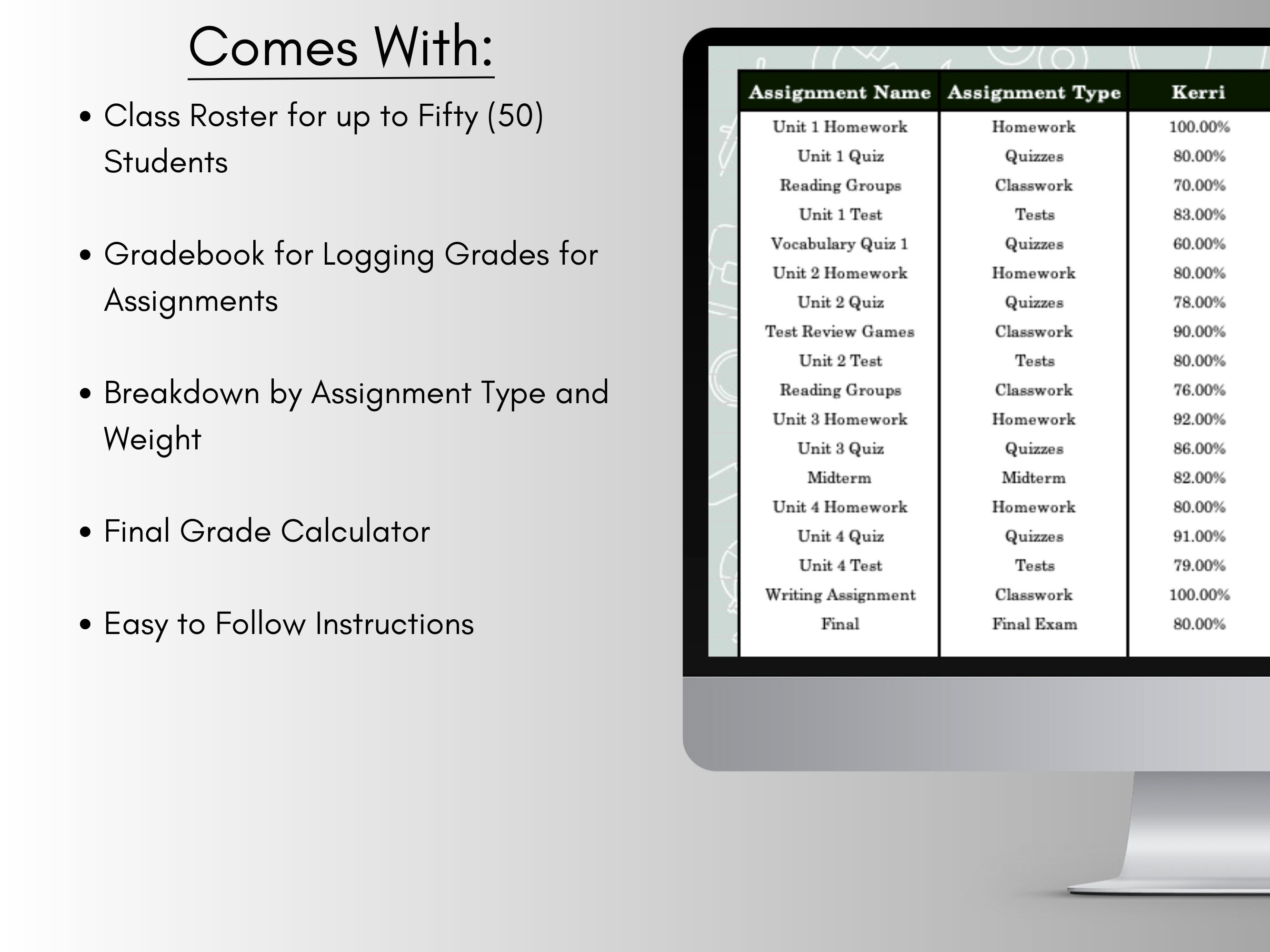 Gradebook Spreadsheet Template for Excel & Google Sheets , Grade ...