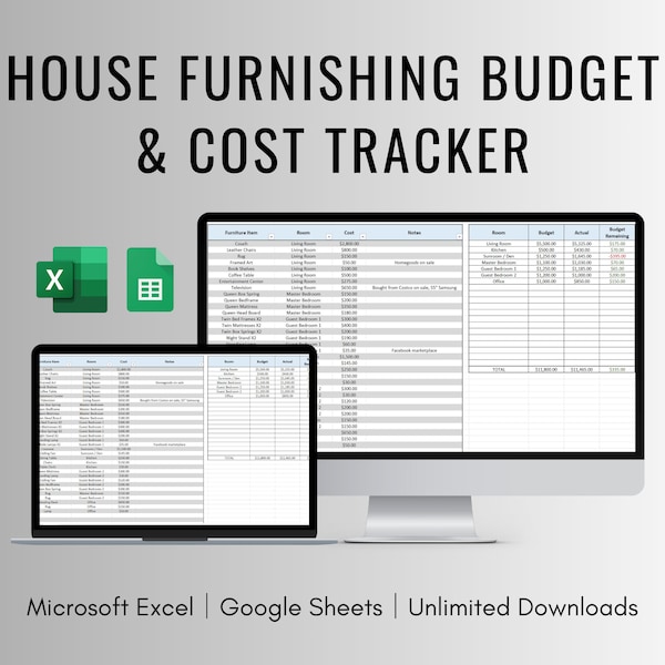 House Furnishing Budget and Cost Tracker for Excel and Google Sheets, Airbnb Furniture Cost Tracker, Rental Property Furnishing Budget