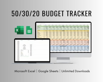 Szablon arkusza kalkulacyjnego do śledzenia budżetu 50/30/20 dla arkuszy Excel i Google, szablon arkusza kalkulacyjnego do finansów osobistych, arkusz do budżetowania gospodarstwa domowego