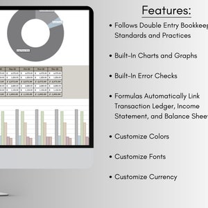 May include: A computer screen showing a financial dashboard with charts, graphs, and data tables. The display highlights features such as double-entry bookkeeping, built-in charts, error checks, and customisable options for colours, fonts, and currency.
