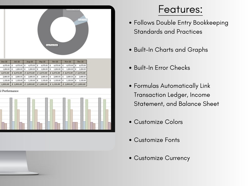 May include: A computer screen showing a financial dashboard with charts, graphs, and data tables. The display highlights features such as double-entry bookkeeping, built-in charts, error checks, and customisable options for colours, fonts, and currency.