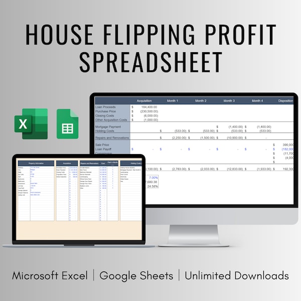 Foglio di calcolo per l'analisi dei profitti e dei costi di House Flipping per fogli Excel e Google, monitoraggio dei profitti di House Flipping, monitoraggio dei costi di House Flipping