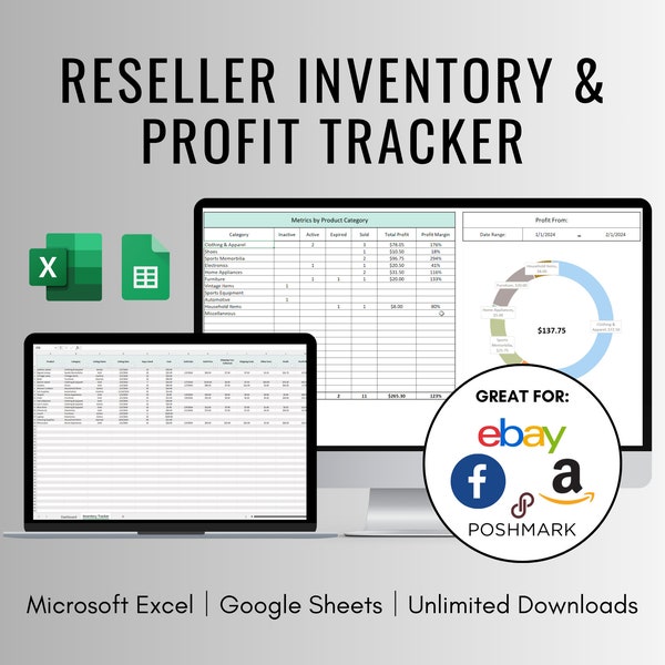 Reseller Inventory and Profit Tracking Spreadsheet for Excel and Google Sheets , Ecommerce Inventory Spreadsheet , Ebay Reseller Spreadsheet
