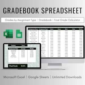 Gradebook Spreadsheet Template for Excel and Google Sheets, Digital Gradebook Template, Final Grade Calculator, Student Grade Tracker