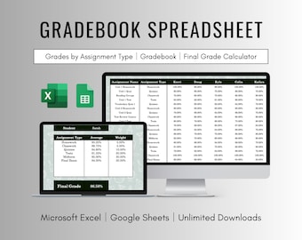 Gradebook Spreadsheet Template for Excel & Google Sheets , Grade Tracking Spreadsheet for Teachers and Homeschooling , Digital Gradebook