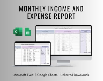 Monthly Income and Expense Report for Excel and Google Sheets, Revenue and Expense Tracker, Basic Small Business Bookkeeping Spreadsheet
