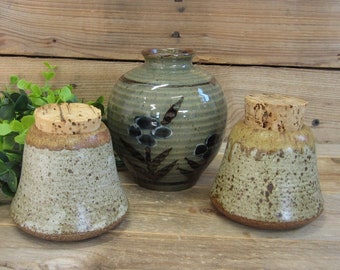 Trio of Stoneware Jars with Corks and Vase, Vintage Speckled Stoneware Containers