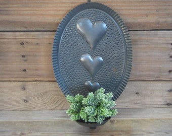 Vintage Irvin's Tinware Metal Hearts Candle or Small Plant Holder, Farmhouse Punched Tin Valentine's Day Present