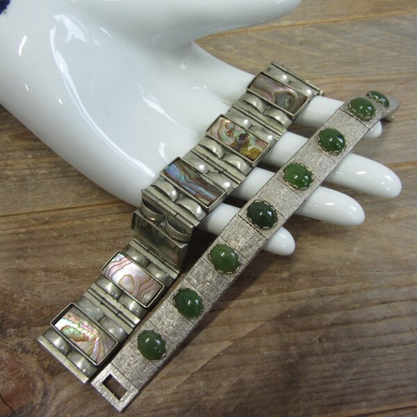 Vintage Abalone Shell and Sterling and Faux Jade Bracelets Lot