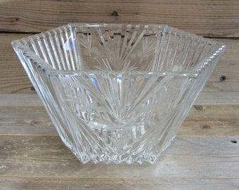 Vintage Lead Crystal Bowl: Ribbed Hexagon Etched Centerpiece