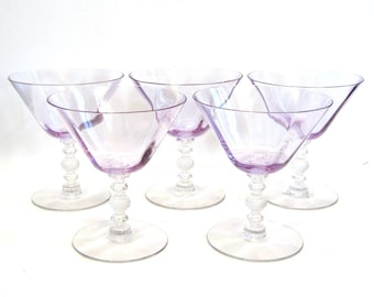 Vintage Lavender Crystal Martini Glasses: Hand Blown Cocktail Barware, Set of 5