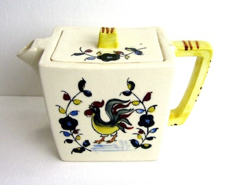 Small Hand Painted Rooster Teapot, Square Shaped Teapot, Roosters and Flowers Farmhouse Kitchen