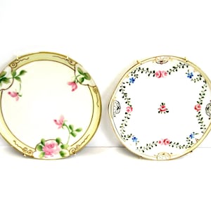 2 Small Nippon Hand Painted Plates from 1900&#39;s, Small Antique Porcelain Plates with Floral Designs Ready to Hang