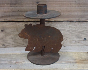 Rustic Metal Bear Candlestick Holder, Heavy Handcrafted Metal Candlestick with Bear