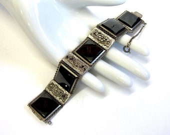 Vintage Bracelet with Large Hematite Squares and Silver Tone Mesh with Floral Panels