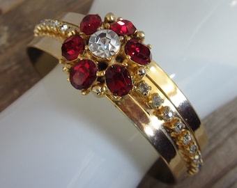 Vintage Ruby Rhinestone Cuff Bracelet: Gold Tone Statement Jewelry