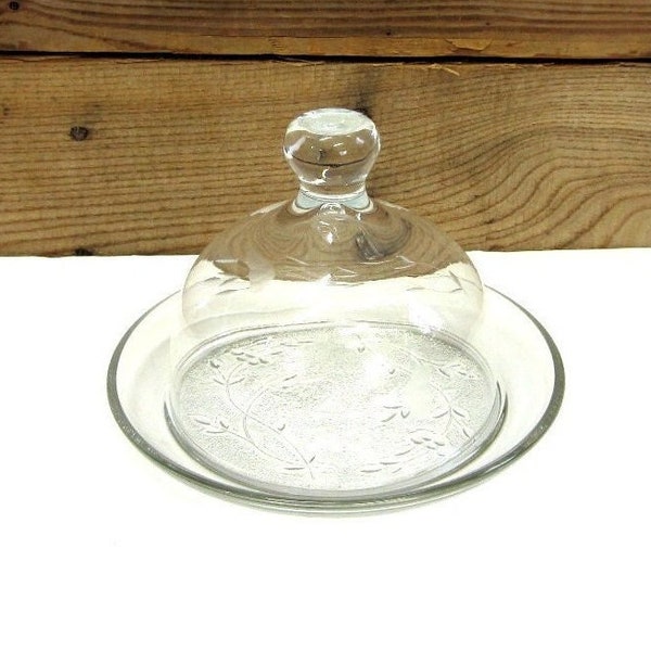 Crystal Domed Butter Dish by Princess House Etched Floral Pattern, Vintage Covered Cheese Tray