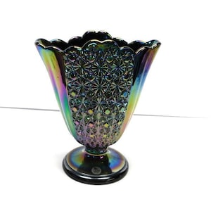 Fenton Cobalt Carnival Glass Vase: Daisy & Button Pattern