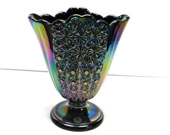 Fenton Cobalt Carnival Glass Vase: Daisy & Button Pattern