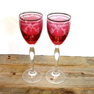 Vintage Ruby Flash Cordial Glasses, Set of 2 Crystal Sherry Glasses, Etched Floral Glassware