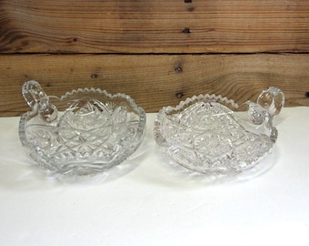 Pair of 2 Cut Crystal Nappy with Handle, American Brilliant Period Cut Glass Serving Dishes with Handles