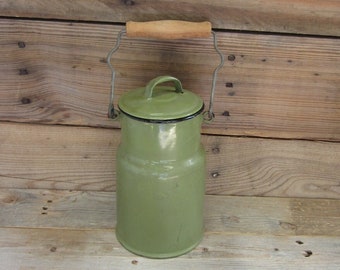 Army Green Enamel Milk Can with Wood Handle, Huta Silesia Made in Poland, Vintage Enamelware