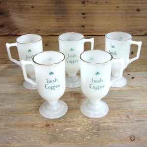 Set of 5 Irish Coffee Milk Glass Mugs with Handles, St. Patrick&#39;s Day Pedestal Mugs with Shamrocks