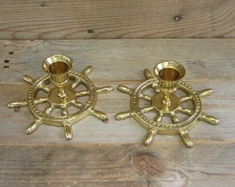 Vintage Brass Plated Ships Wheel Candlestick Holders, Nautical or Seaside Decor