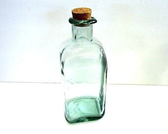 Square Handblown Light Green Bottle with Pour Spout, Vintage Green Glass Decanter or Cruet