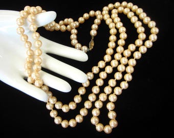 Vintage Glass Pearl Necklace Opera Length: Hand Knotted 54" Strand of Creamy Glass Pearls