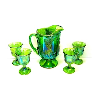 Iridescent Green Carnival Glass Pitcher & Glasses Set in Harvest Grape by Indiana Glass