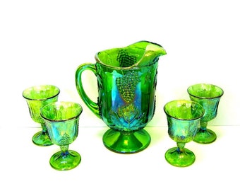 Iridescent Green Carnival Glass Pitcher & Glasses Set in Harvest Grape by Indiana Glass