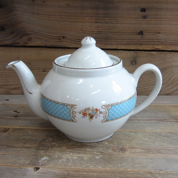 Vintage Porcelain Teapot with Turquoise and Floral on White Made in Liling China