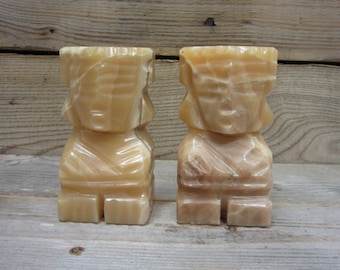 Small Hand Carved Onyx Tiki or Totem Figurines, Small Hand Carved Stone Warrior Bookends