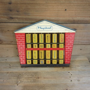 1960&#39;s Playskool Wooden Abacus, Vintage Schoolhouse Shaped Learning Tool