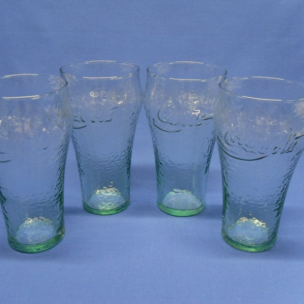 Set of 4 Coca Cola Glasses in Green Pebble Glass, 4 1980's Coke Glasses