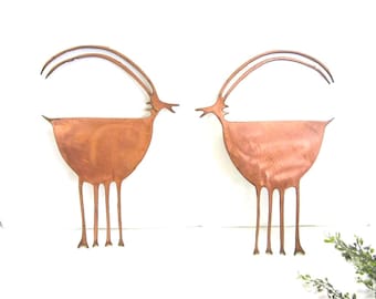 Vintage Pair of Copper Coated Trivets, Mid Century Modern Antelope or Ibex Hanging Wall Art