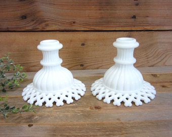 Vintage Milk Glass Candlestick Holders, Westmoreland Lattice Edge Taper Candle Holders, Cottagecore Decor