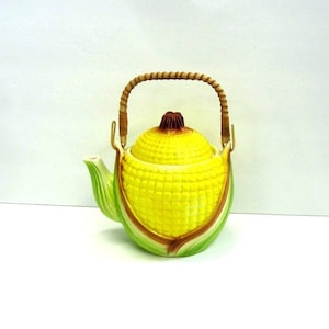 Mid Century Teapot Corn Cob Shape with Bamboo Wrapped Handle Made in Japan